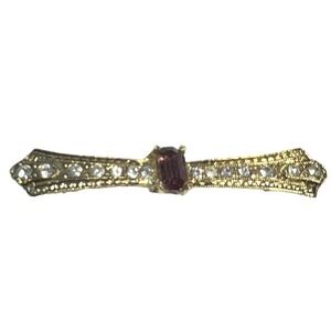 Vintage Bar Brooch Gold Tone Purple and Clear Rhinestone Pin